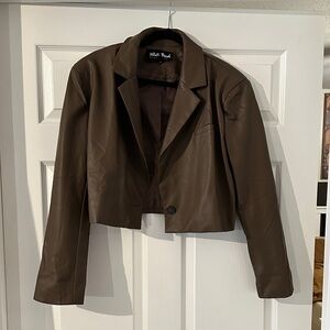 white birch Brown Cropped pleather Blazer Jacket